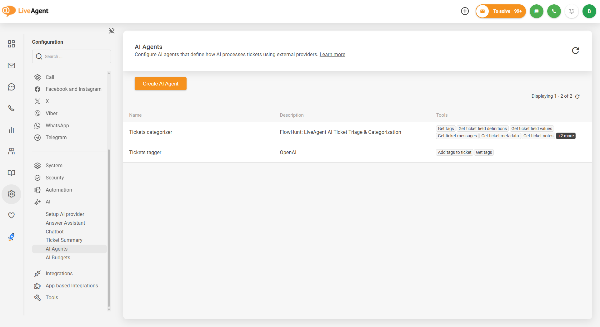LiveAgent AI-agents konfigurationsskärm med listning av ärendekategoriserare och ärendetaggare