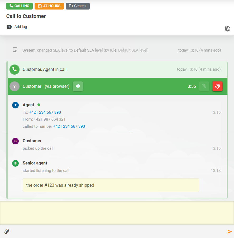 LiveAgent Call Listening-funktion med anteckningsinteraktion mellan agenter