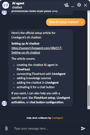 LiveAgent AI Agent-chatt med markdown-stöd