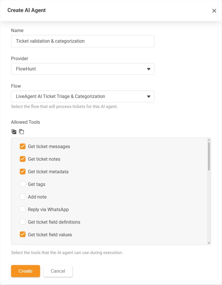 LiveAgent-dialogen Skapa AI-agent med listan Allowed Tools över tillåtna åtgärder