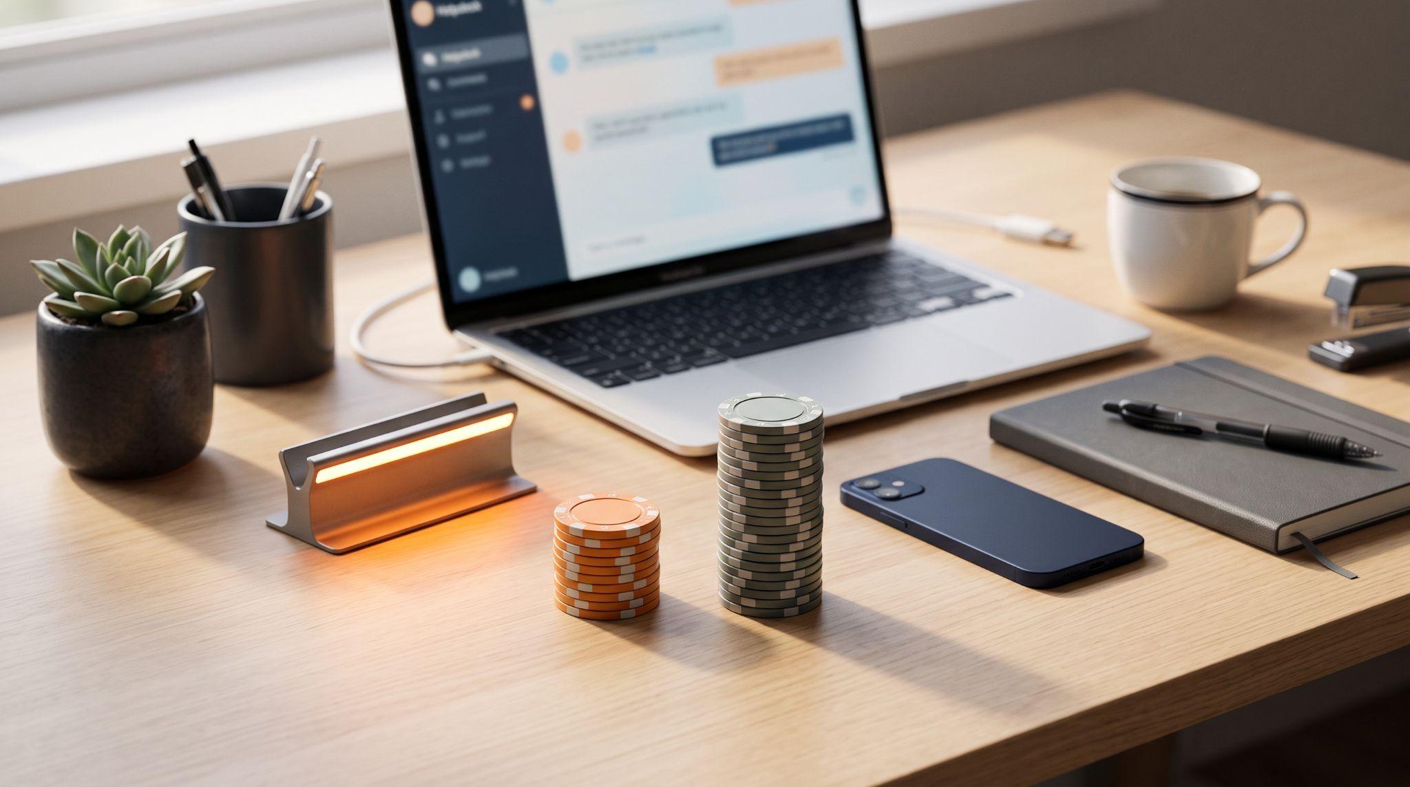 Skrivbordsmiljö med en bärbar dator som visar ett helpdesk-chattgränssnitt, bredvid staplade orange och grå pokermarker som representerar LiveAgents och Zendesks kostnad