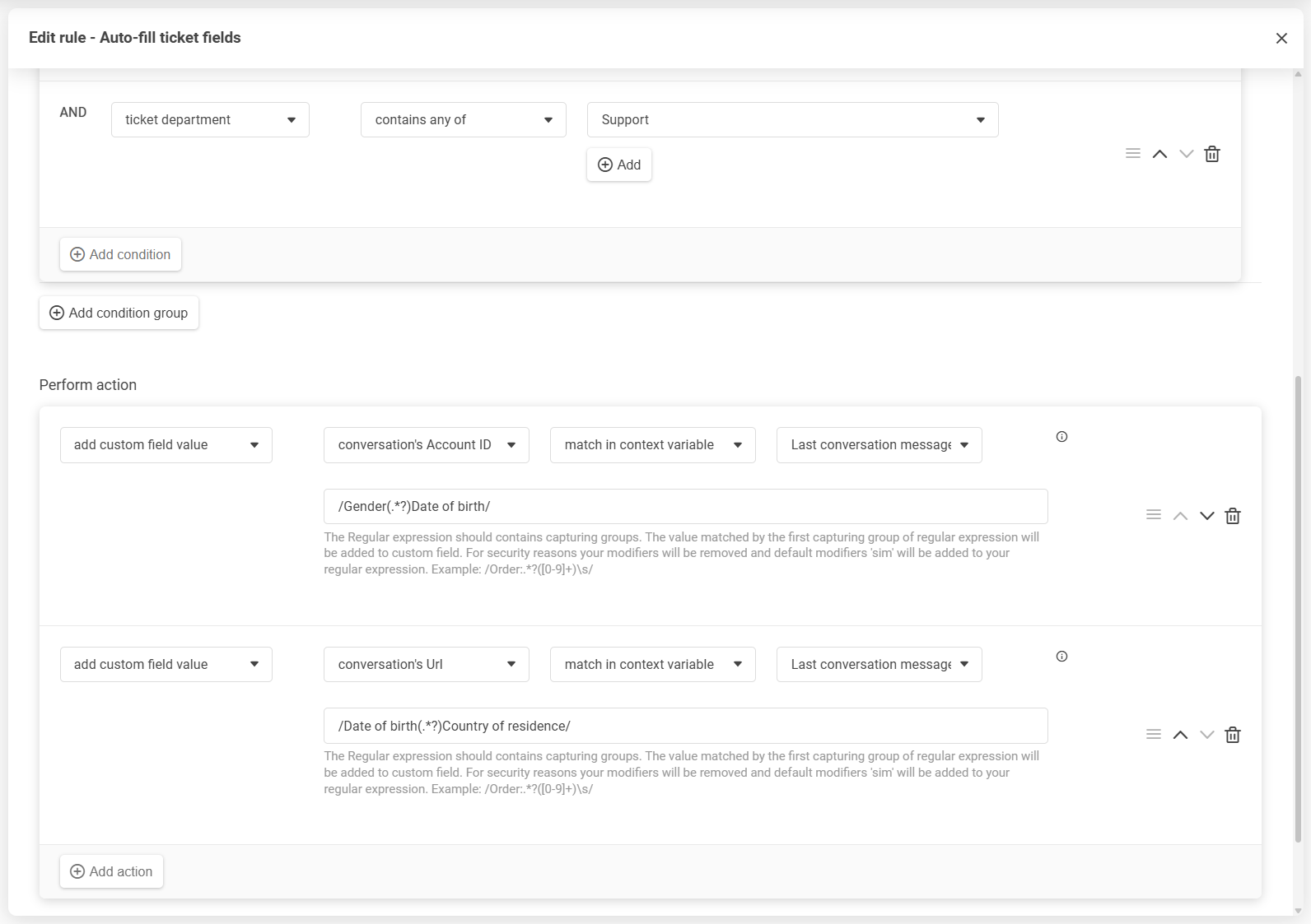 LiveAgents reglereditor med dra-och-släpp-omordning av villkor och åtgärder
