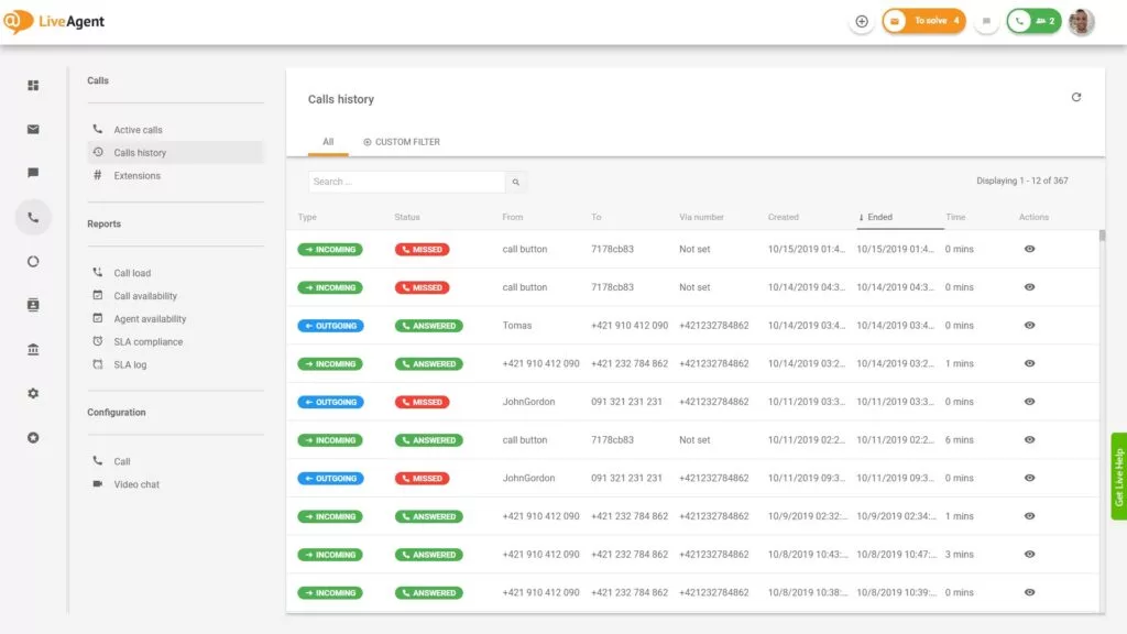 Översikt över callcentergränssnittet i LiveAgent.
