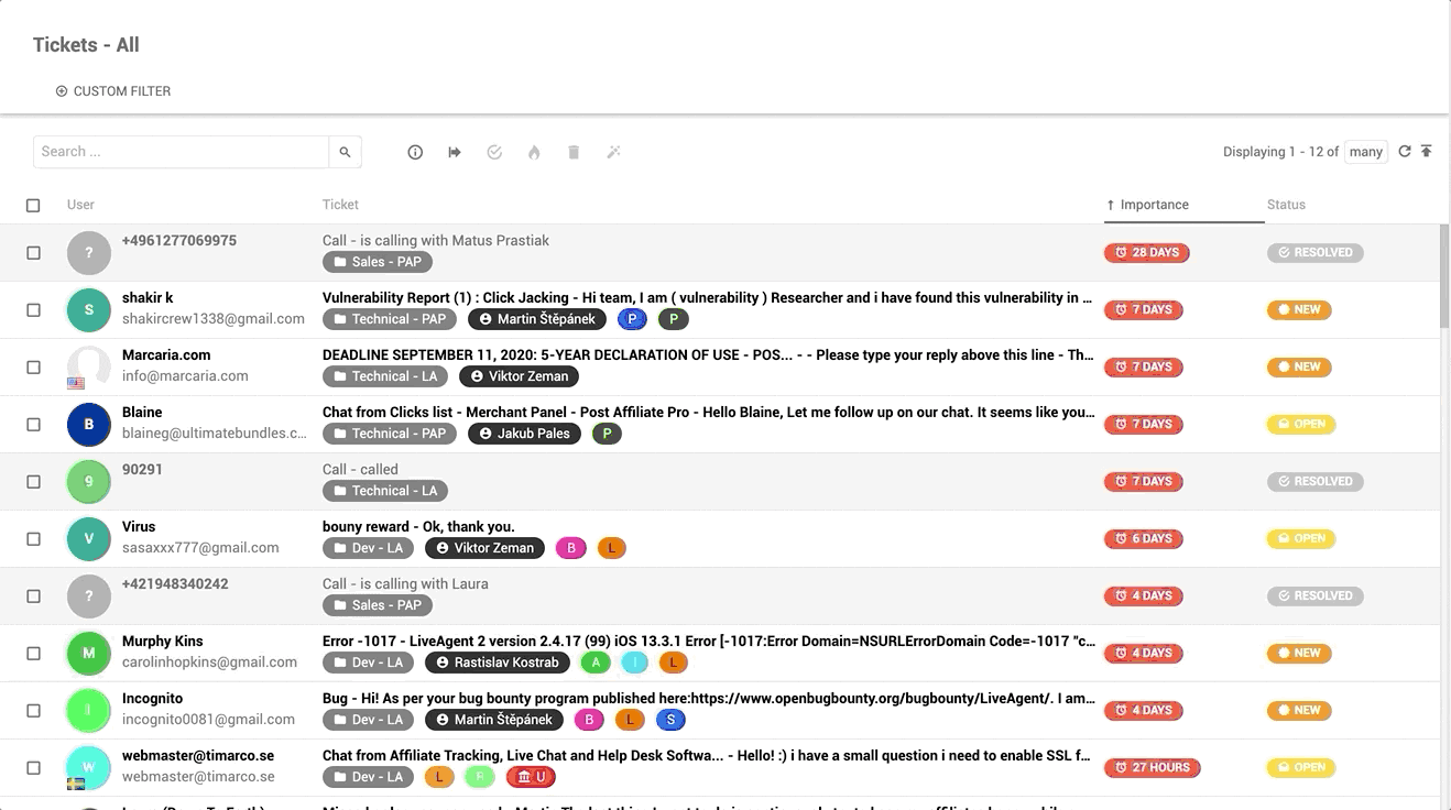 LiveAgent universell inkorg översikt