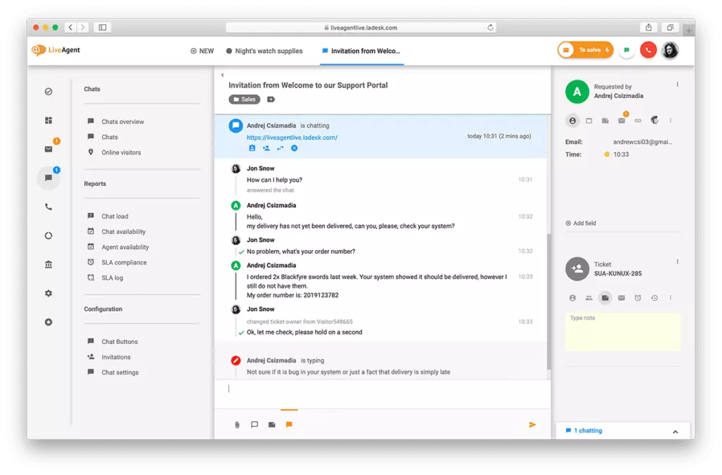 Översikt över livechattgränssnittet i LiveAgent.