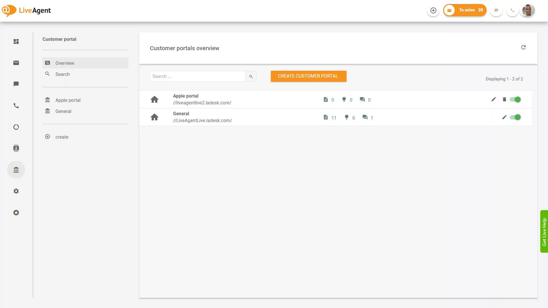 LiveAgent Ärendeöversikt i applikationen