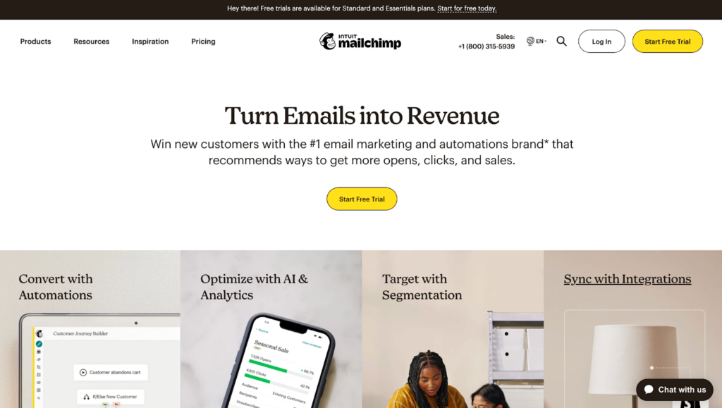 Mailchimp home page, versatile email management system for email marketing