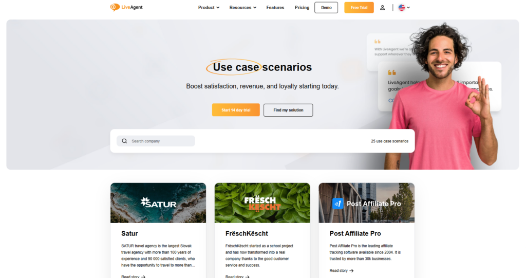 Skärmdump av LiveAgents webbplats där de delar sina kunders framgångshistorier
