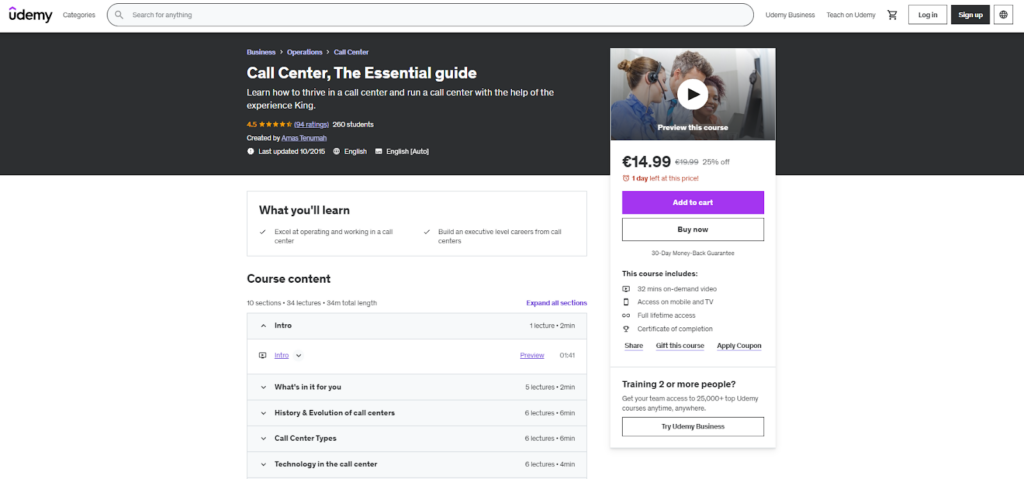 Ett exempel på en Udemy-kurs för kundtjänstrepresentanter