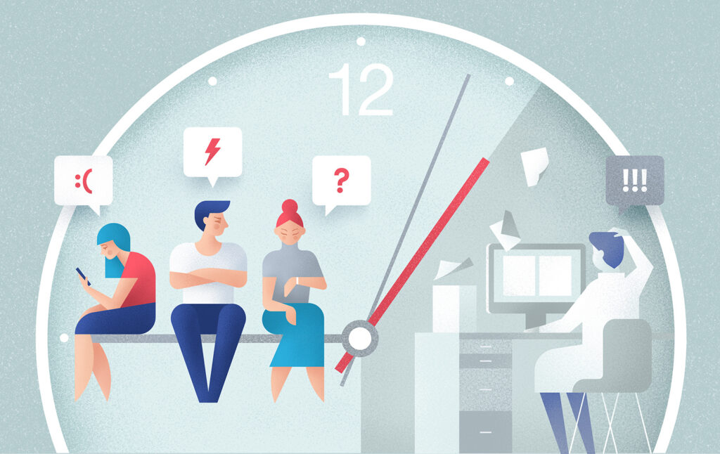 Illustration av kunder som väntar på kundsupport