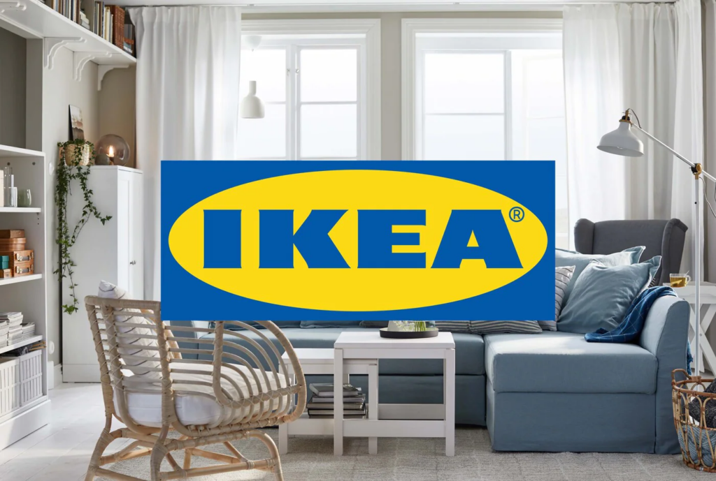 Bild av Ikeas logotyp som också visar deras möbler