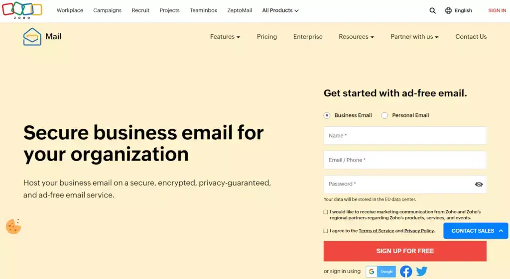Zoho Mail-startsida