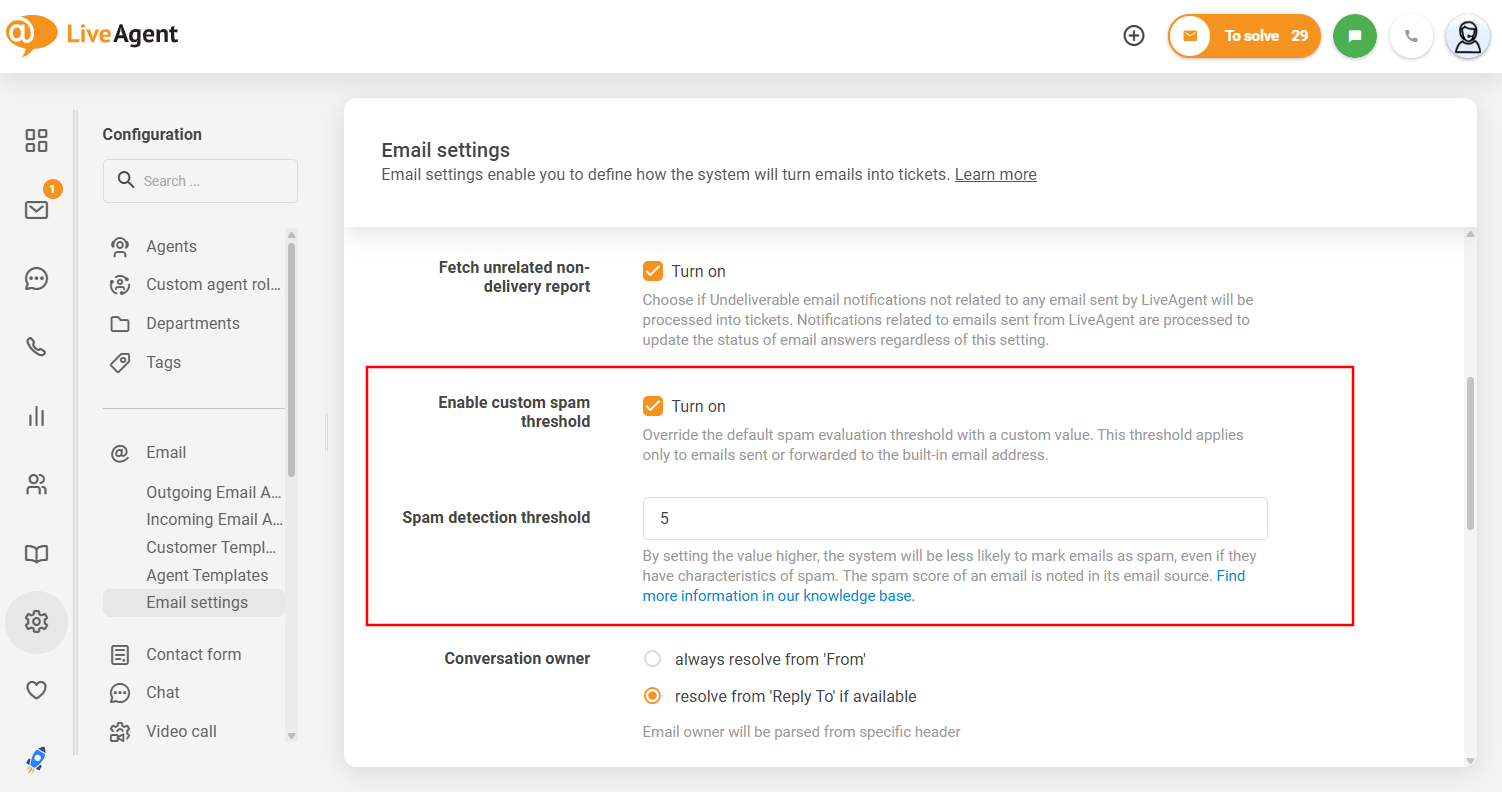 Gränssnittet för anpassningsbar spamtröskel i LiveAgent