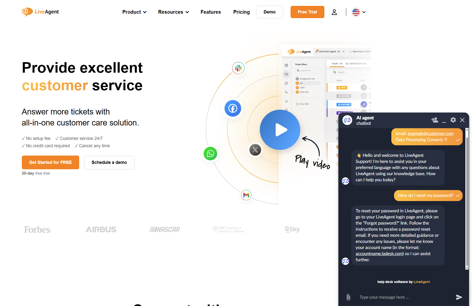 LiveAgent AI-chatbot chattkonversation på LiveAgent sida