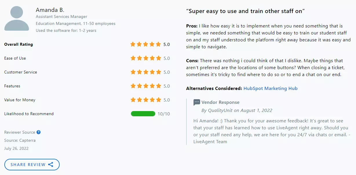 LiveAgent review on Capterra