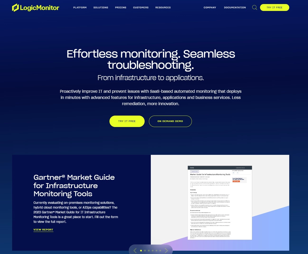 Skärmdump av LogicMonitors hemsida - IT-prestandaplattform för enkel övervakning och felsökning