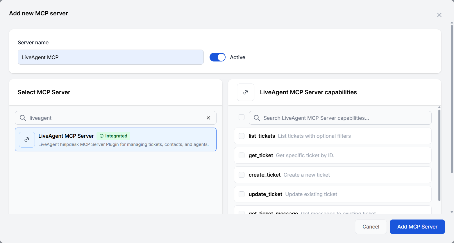 En ny MCP-server Liveagent lades till FlowHunt