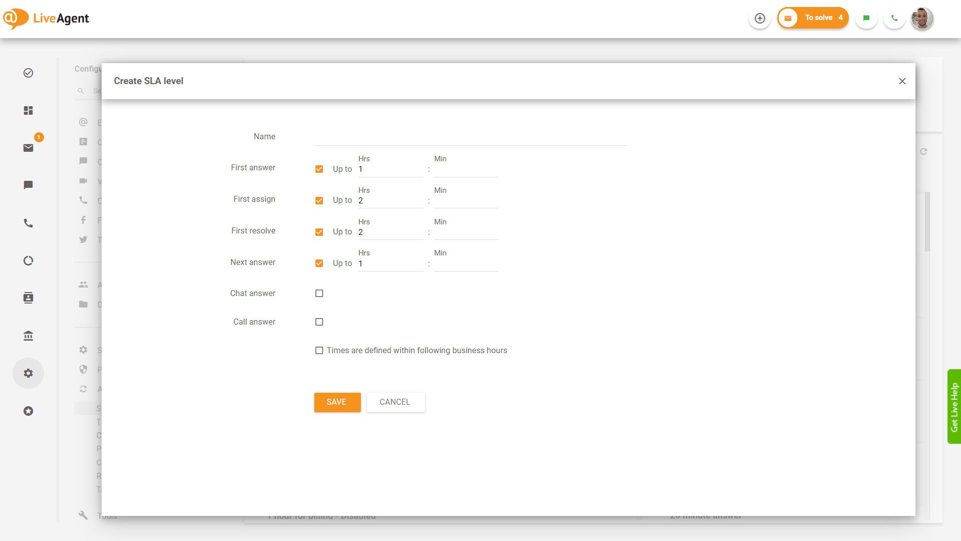 Create SLA level in LiveAgent