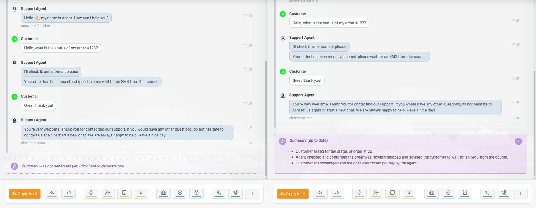 LiveAgent AI-ärendesammanfattning genererad för en chattkonversation