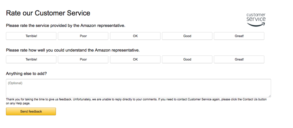 Image of Amazon customer service survey, displaying multiple options of rating.