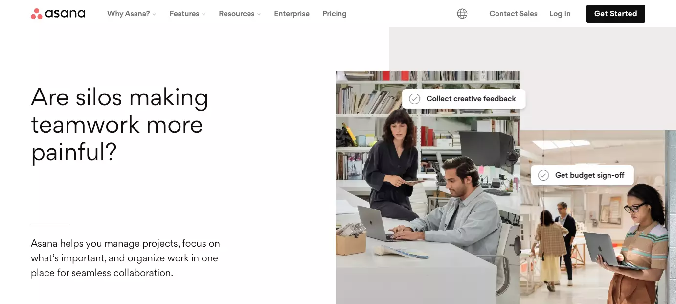 Asanas hemsida - förbättra effektiviteten i din organisation genom att förbättra teamsamarbetet, organisera arbetet och upprätthålla transparens.