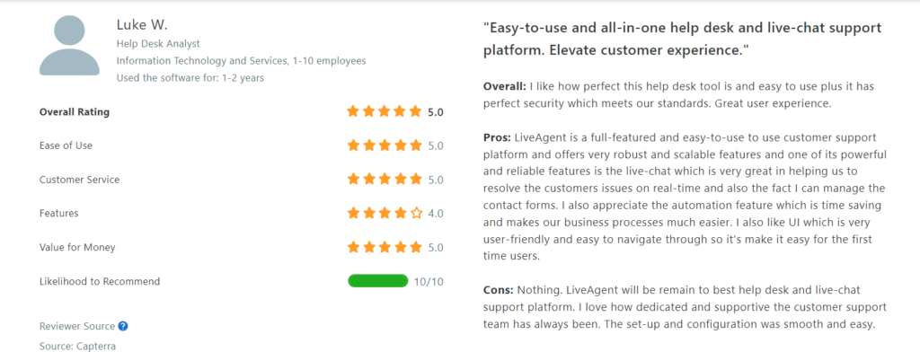 Screenshot of customer review about LiveAgent highlighting its ease of use and advanced features