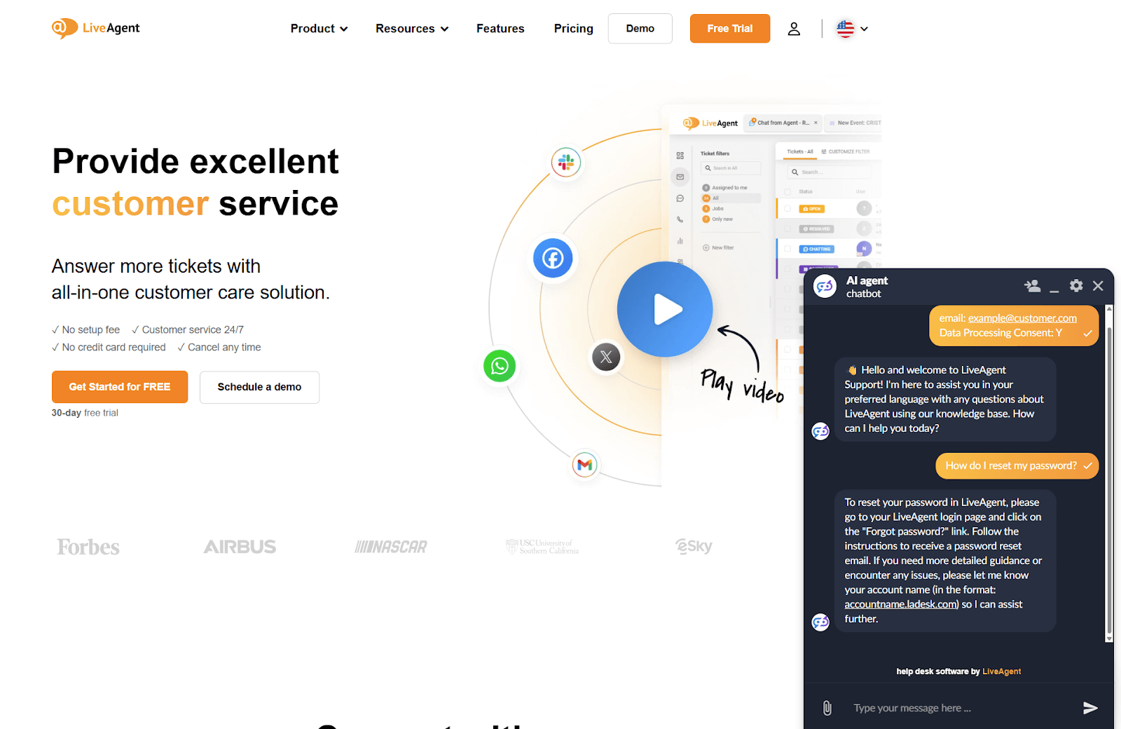 Customer support conversation screenshot with LiveAgent AI Chatbot