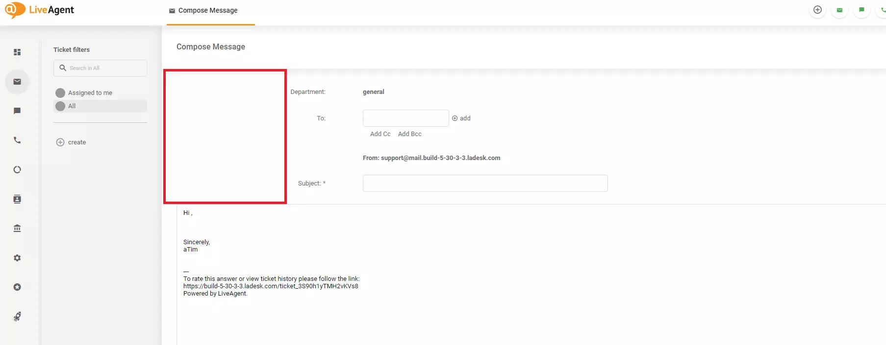 En bild som visar ett designproblem på skärmen Skriv meddelande i LiveAgent