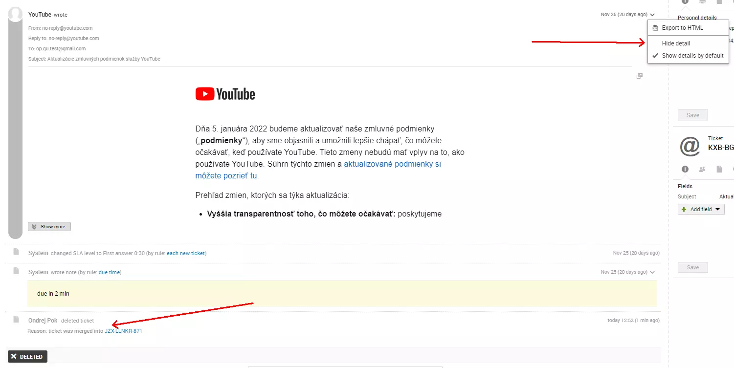 En bild som visar ett e-postkällfel efter sammanslagning av två ärenden, ett problem som fanns i tidigare versioner av LiveAgent