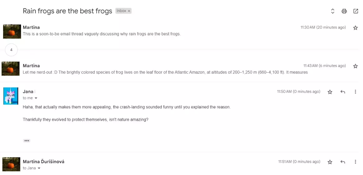 An email thread consisting of multiple messages discussing the same subject.