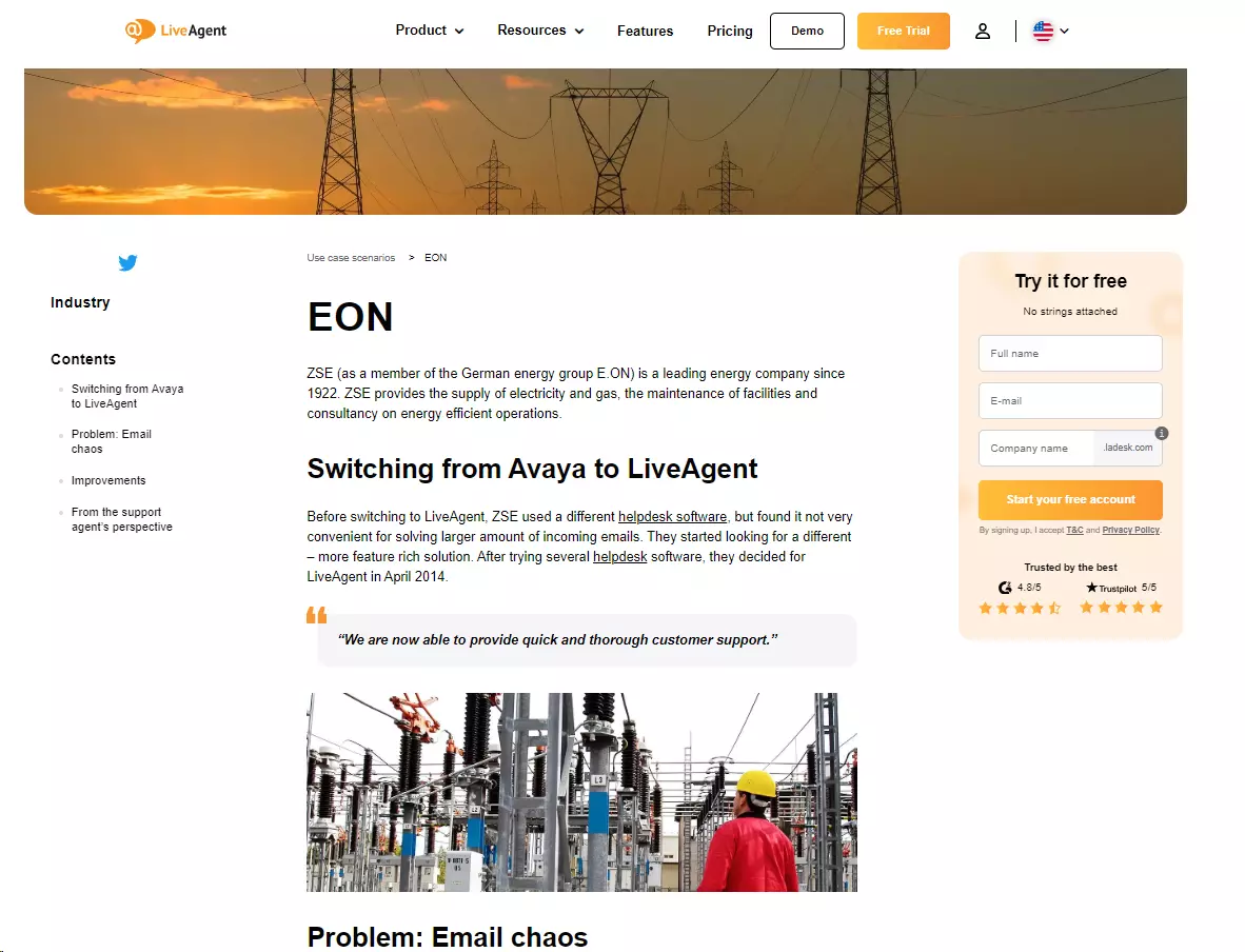EON - an electricity company using LiveAgent to tackle large volumes of customer requests coming from a single channel