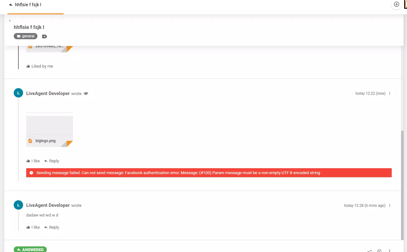 Felmeddelande som visas när man postar bild på Facebook via LiveAgent