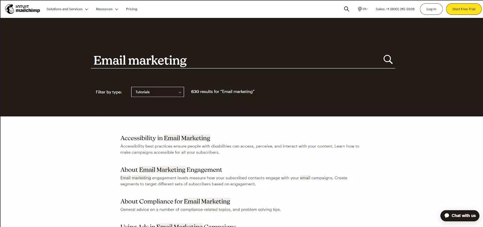 Example of search function in MailChimp's knowledge base