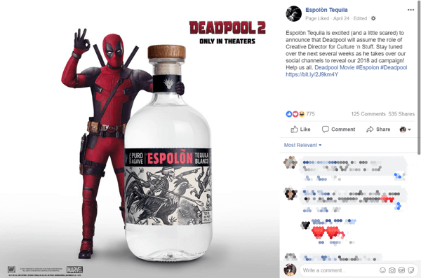 Tequila brand partnership announcement with Deadpool 2 movie on Facebook