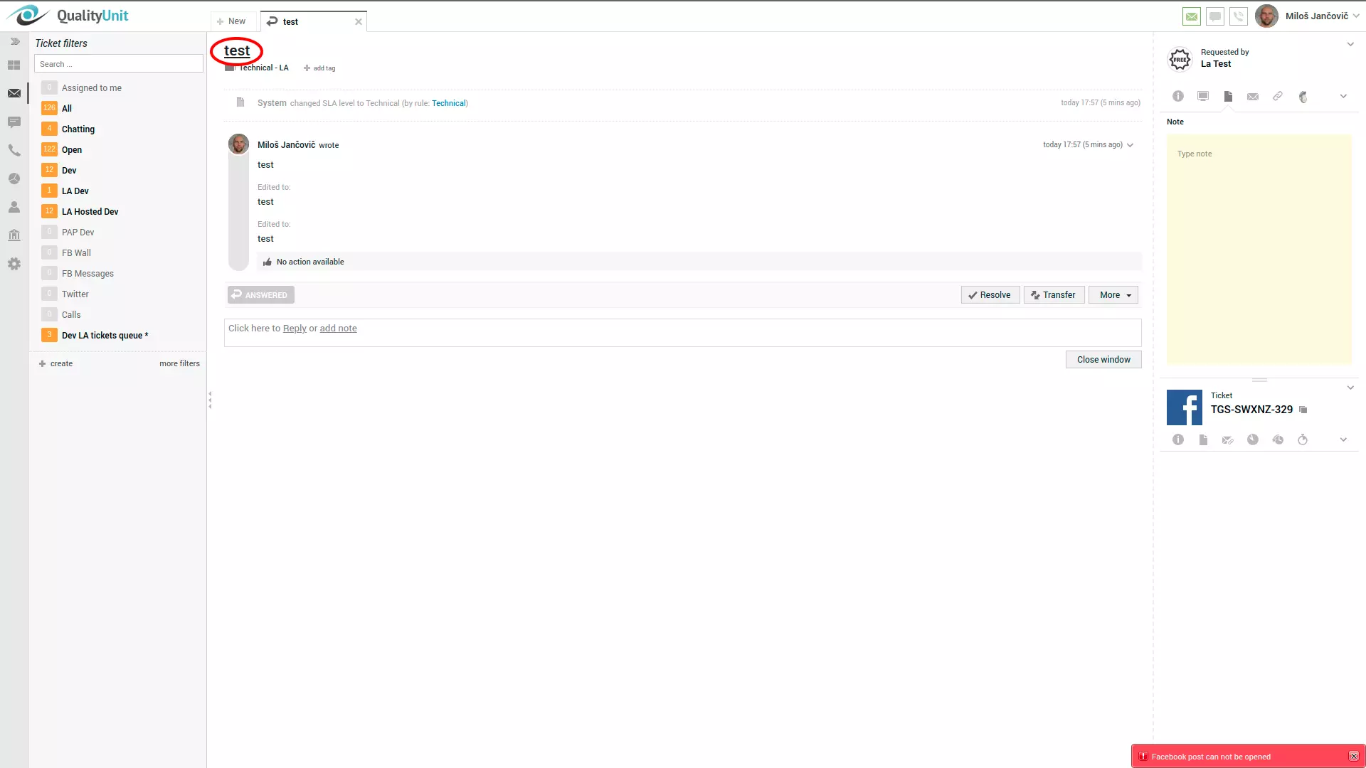 Facebook-postfel i högra hörnet av LiveAgent användargränssnitt