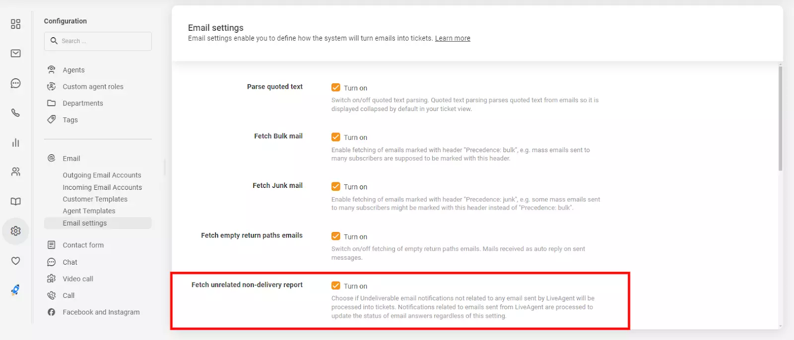 E-postinställningar i LiveAgent som visar alternativet 'hämta orelaterad rapport om icke-leverans'