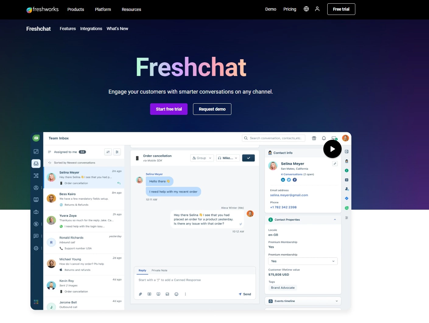 Screenshot of Freshdesk's homepage - the live chat tool for smarter and faster conversations