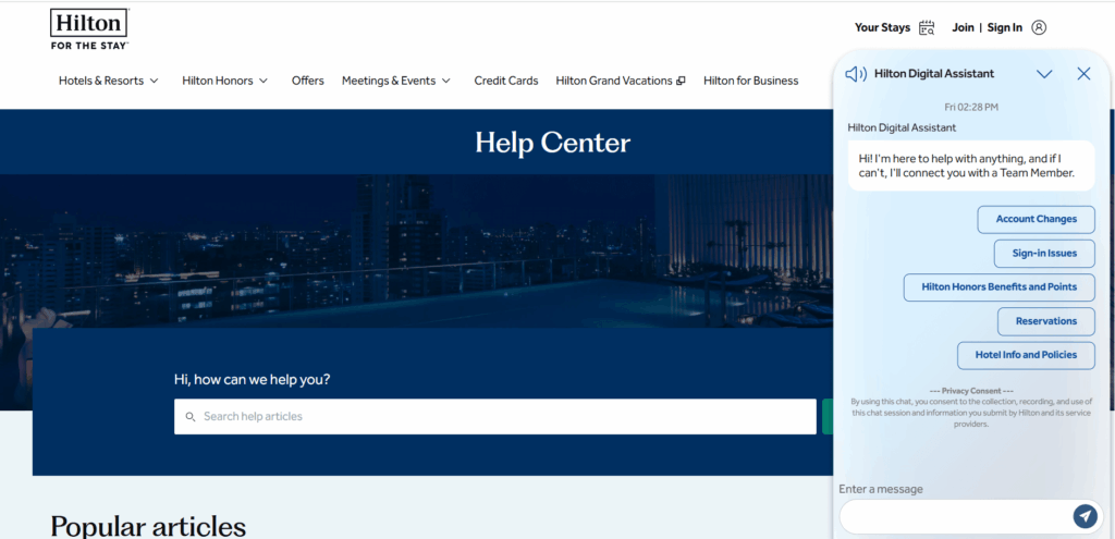 Hilton digital assistant on the webpage of Hilton