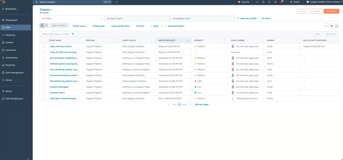 HubSpot Service Hub gratisplan – delad inkorg med kundbiljetter
