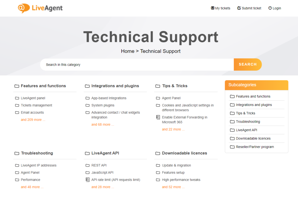 Overview of LiveAgent's technical support page