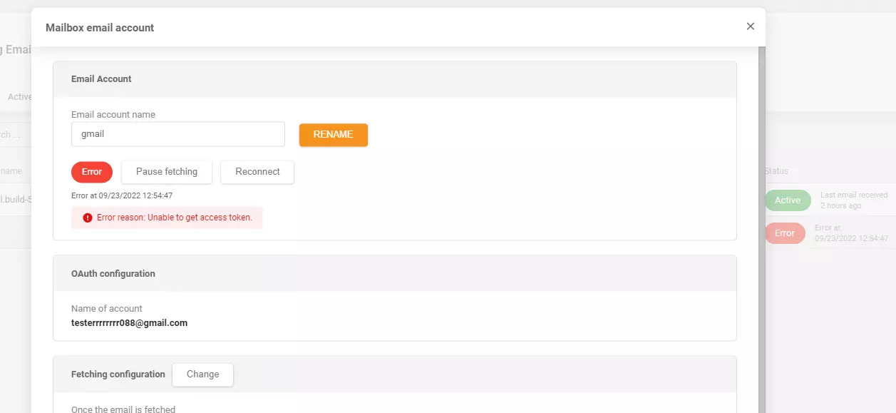 LiveAgent - Borttaget felmeddelande efter tillägg av Gmail inkommande e-postkonto
