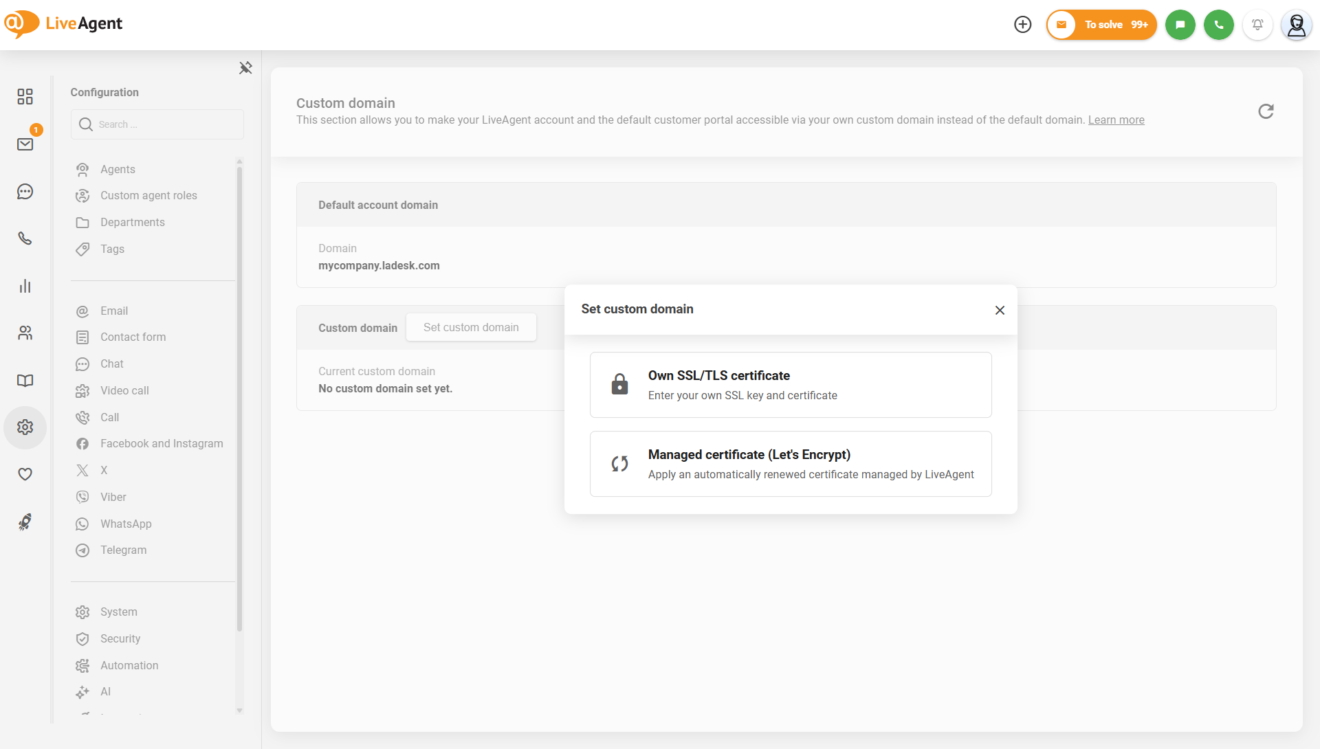 LiveAgent-inställningar för egen domän med Let's Encrypt hanterat certifikatalternativ