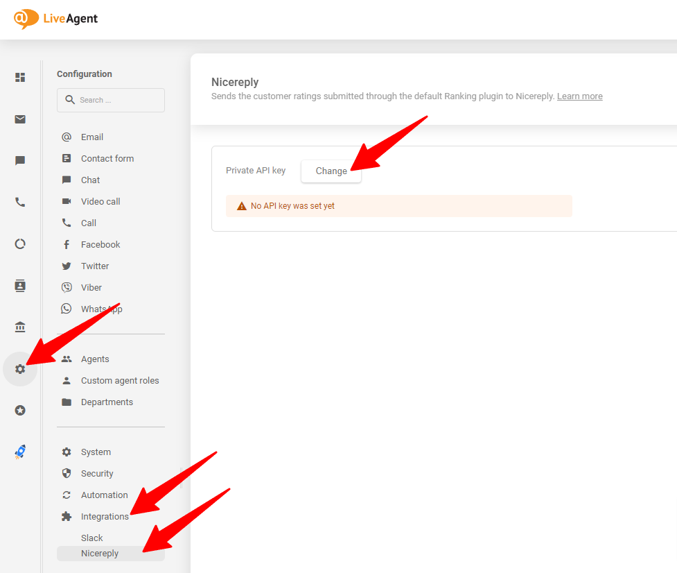 Bilden visar var du ska placera den genererade API-nyckeln i ditt LiveAgent-konto