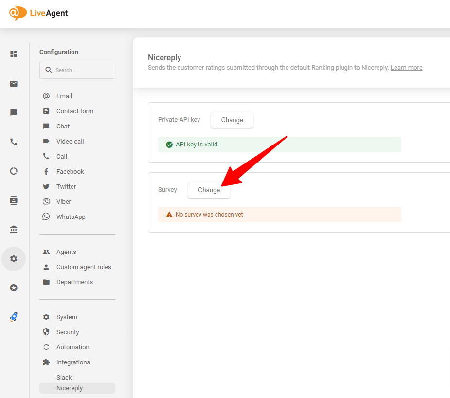 Välj den Nicereply-undersökning du vill ha efter att ha klistrat in API-nyckeln i din LiveAgent