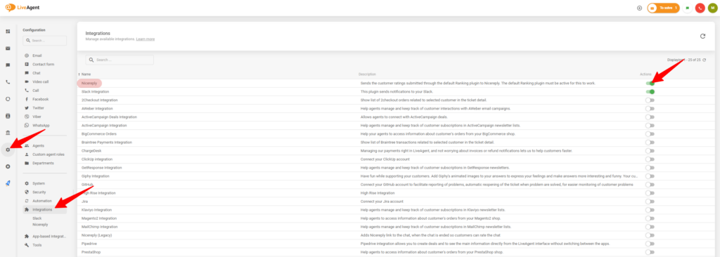 Processen för att aktivera integrationen med Nicereply i LiveAgent-inställningarna