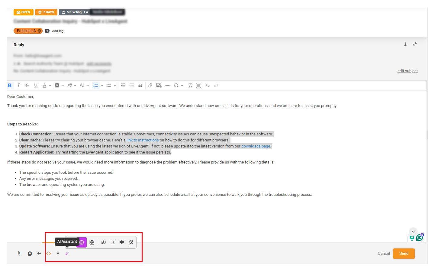 LiveAgents AI-svarassistent-gränssnitt