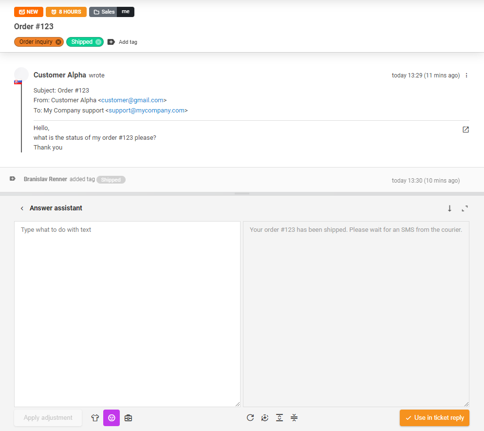 AI Svarsassistentverktyget i användning för ett ärendesvar