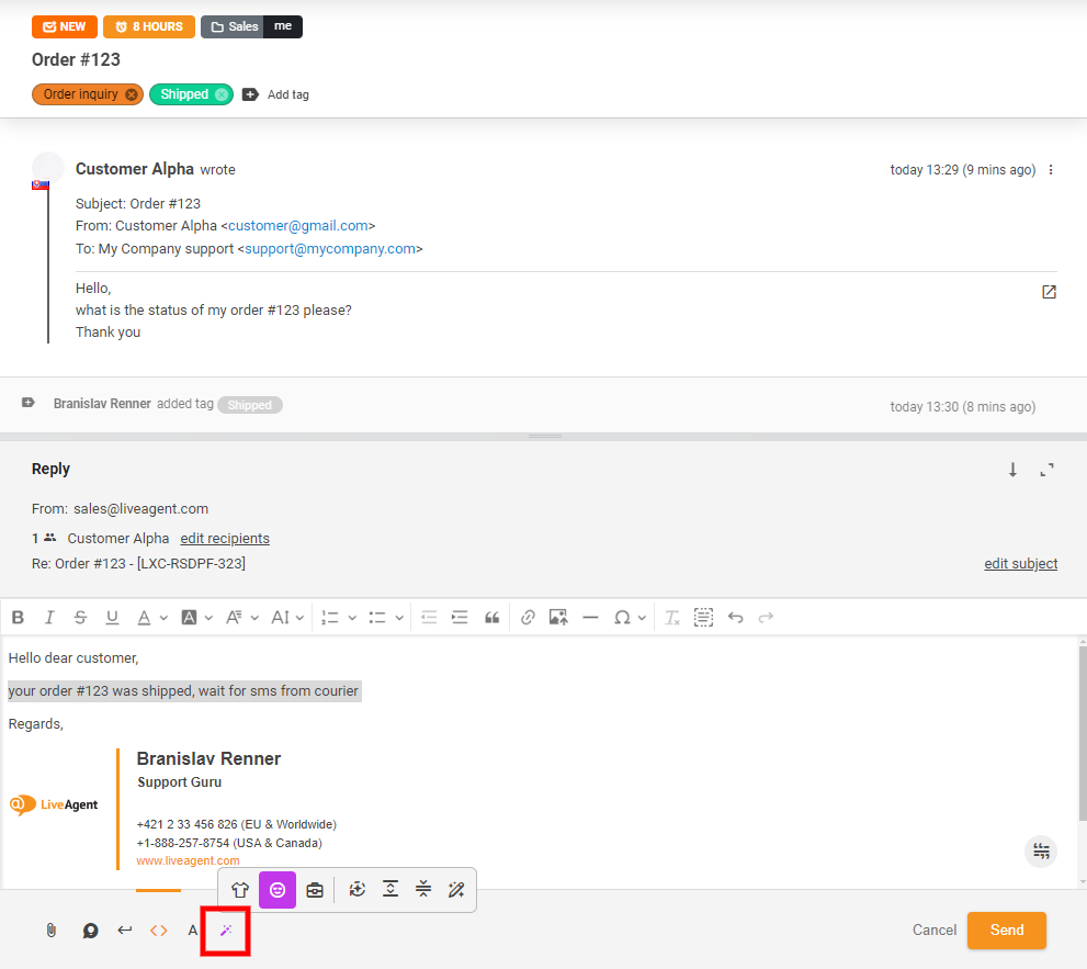 Skärmdump av AI Svarsassistentknappen i chattvyn