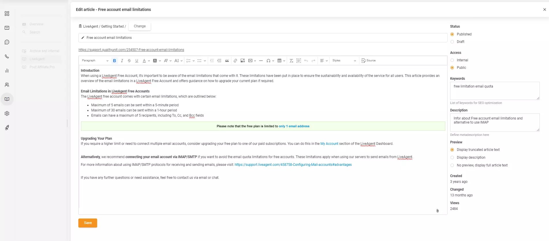 Artikeleditor i LiveAgent