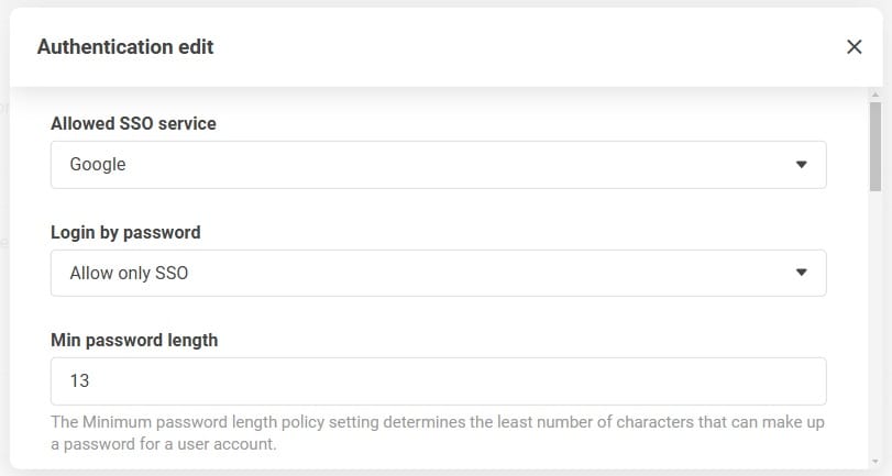 Authentication settings screen showing option to allow only SSO in the password login section